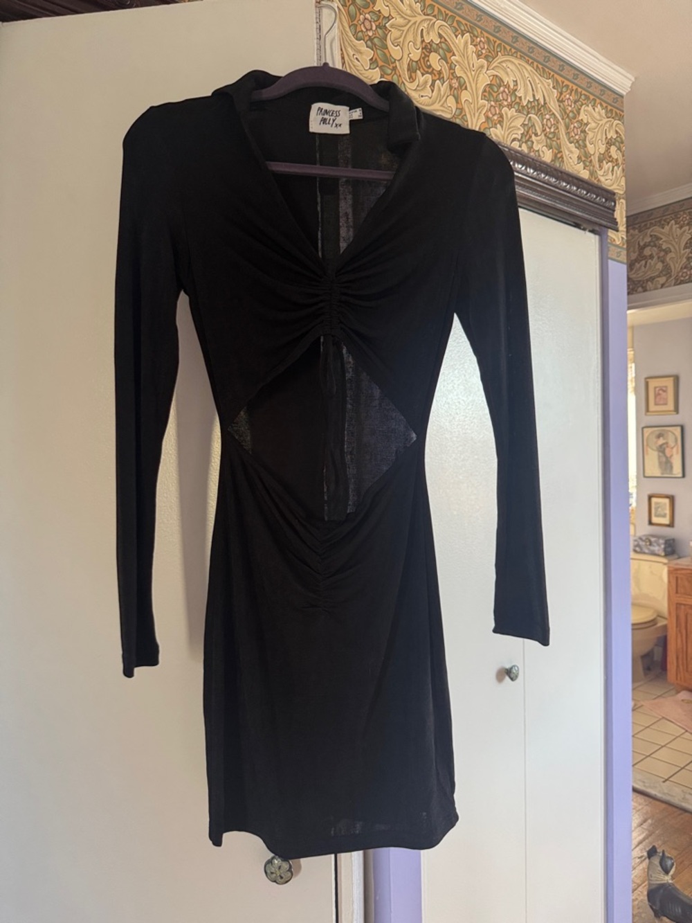 Princess Polly Black Long-Sleeve Cutout Ruched Dress